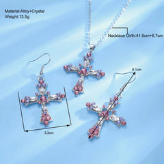 Kiss Jewelry Pink Rhinestone Cross Pendant Necklace Earrings for Women Fashion Y2K Goth Necklace Collar Items Gift