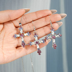 Kiss Jewelry Pink Rhinestone Cross Pendant Necklace Earrings for Women Fashion Y2K Goth Necklace Collar Items Gift