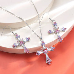 Kiss Jewelry Pink Rhinestone Cross Pendant Necklace Earrings for Women Fashion Y2K Goth Necklace Collar Items Gift