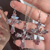 Kiss Jewelry Pink Rhinestone Cross Pendant Necklace Earrings for Women Fashion Y2K Goth Necklace Collar Items Gift