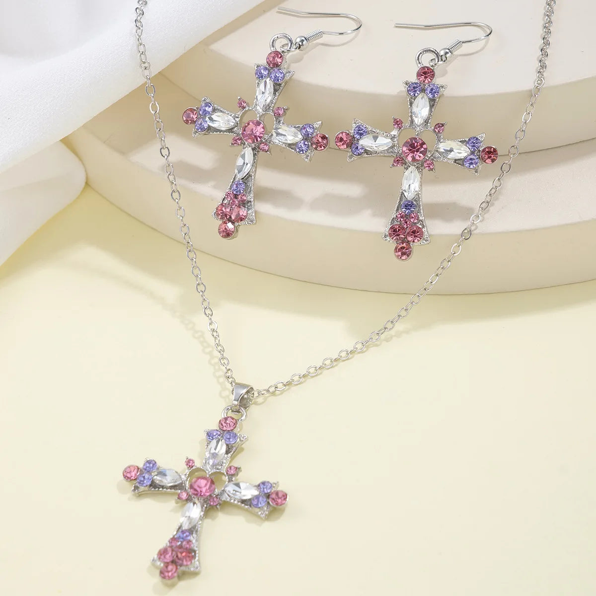 Kiss Jewelry Pink Rhinestone Cross Pendant Necklace Earrings for Women Fashion Y2K Goth Necklace Collar Items Gift
