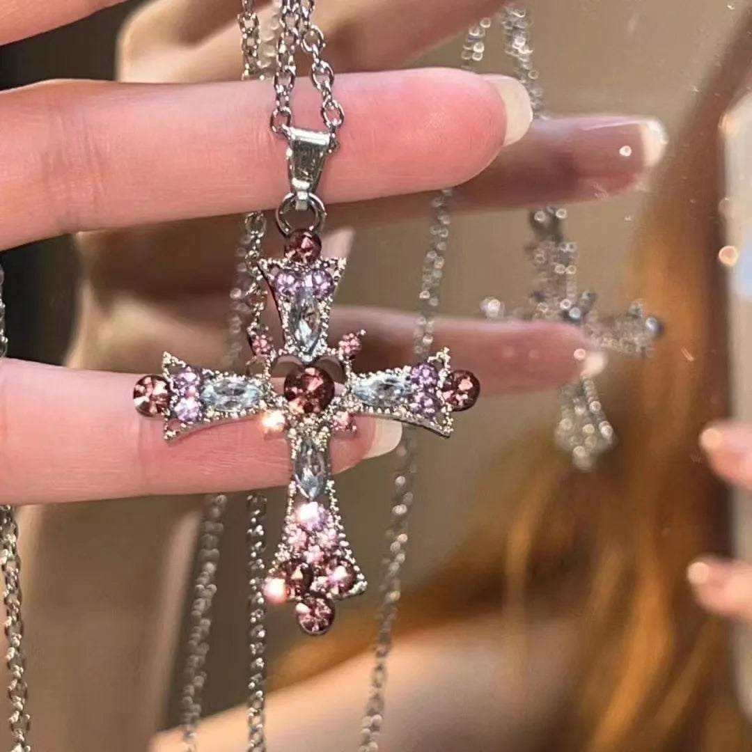 Kiss Jewelry Pink Rhinestone Cross Pendant Necklace Earrings for Women Fashion Y2K Goth Necklace Collar Items Gift